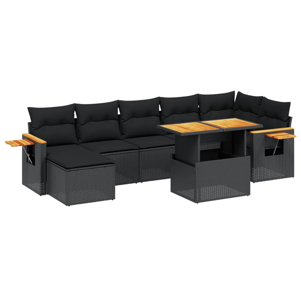 8-piece garden sofa set with cushions, black poly rattan