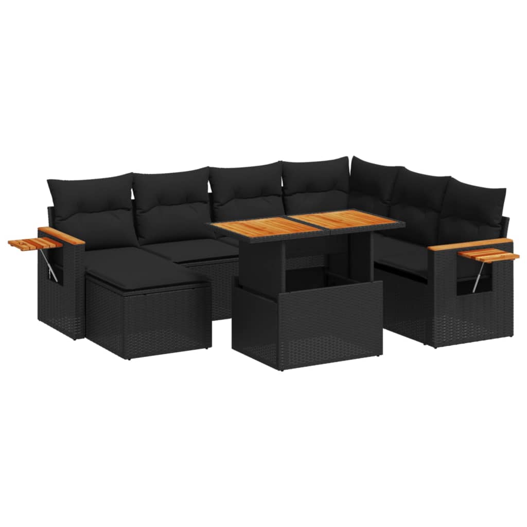 8-piece garden sofa set with cushions, black poly rattan