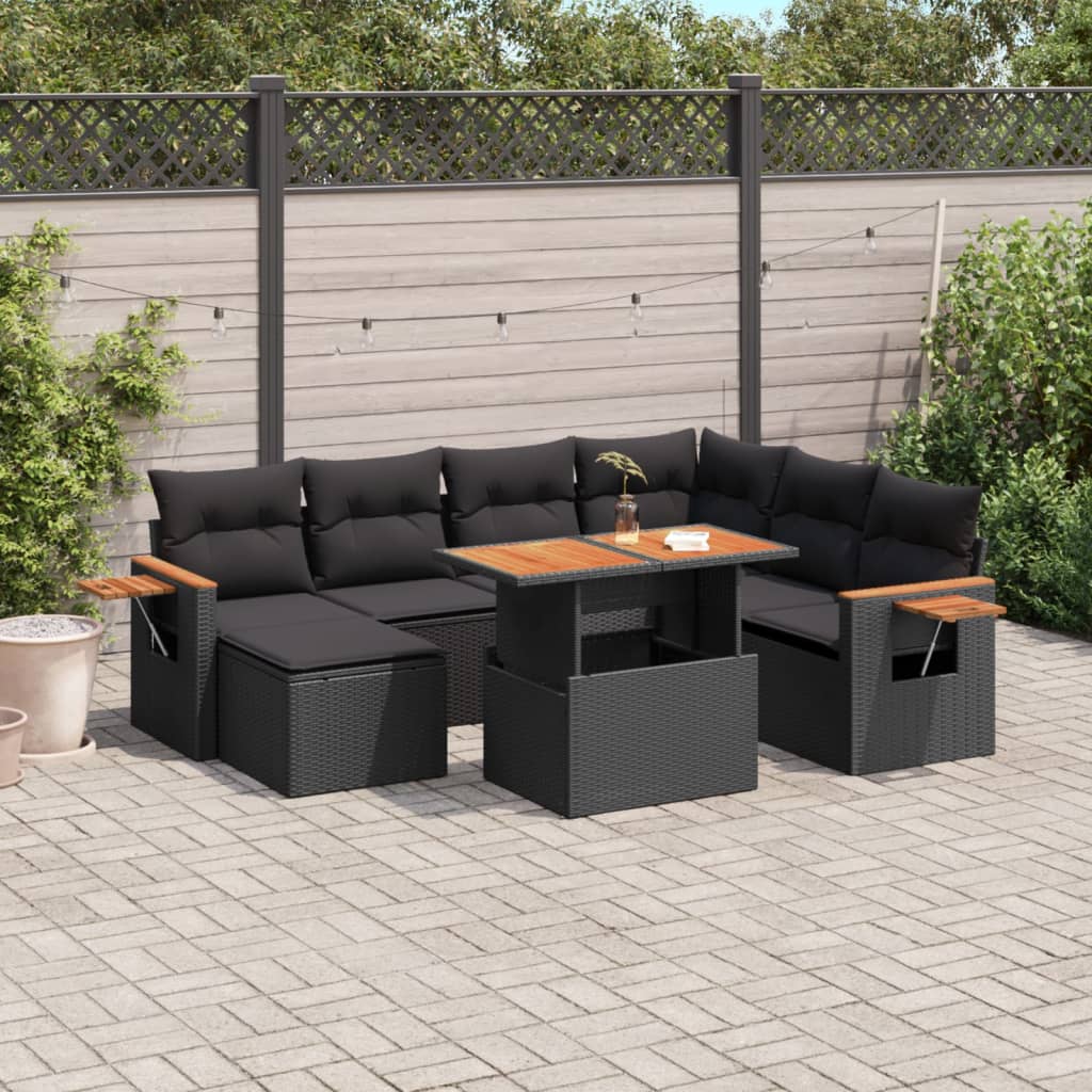 8-piece garden sofa set with cushions, black poly rattan