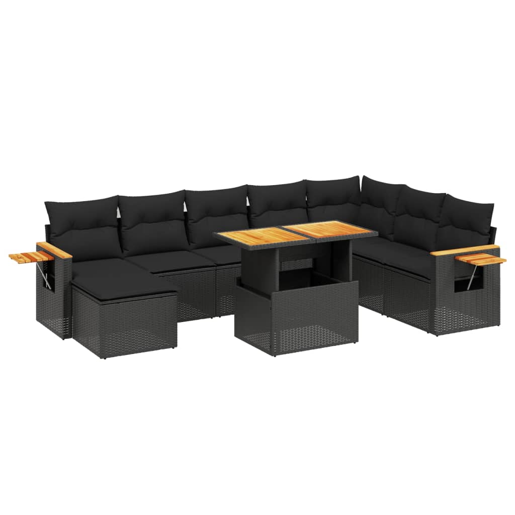 9-piece garden sofa set with cushions, black poly rattan
