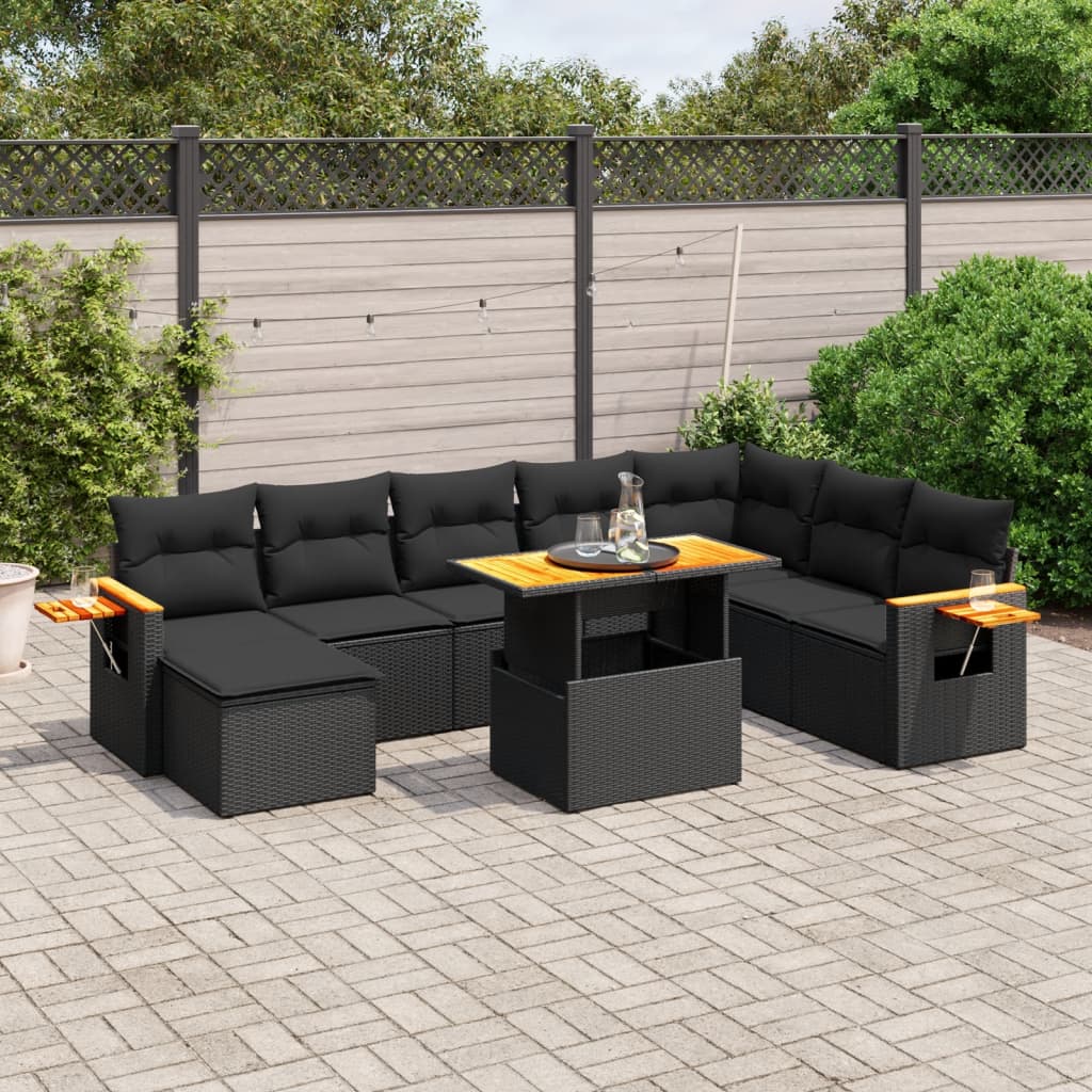 9-piece garden sofa set with cushions, black poly rattan