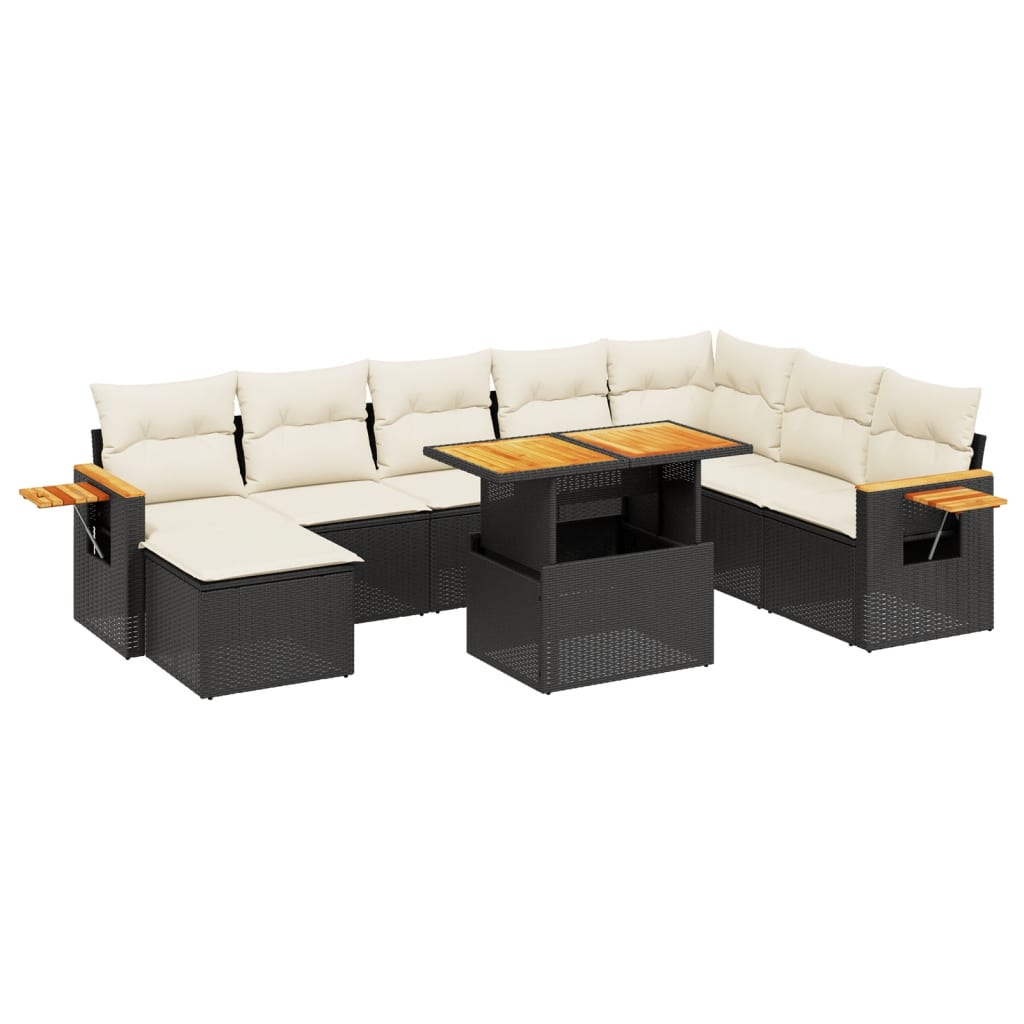 9-piece garden sofa set with cushions, black poly rattan