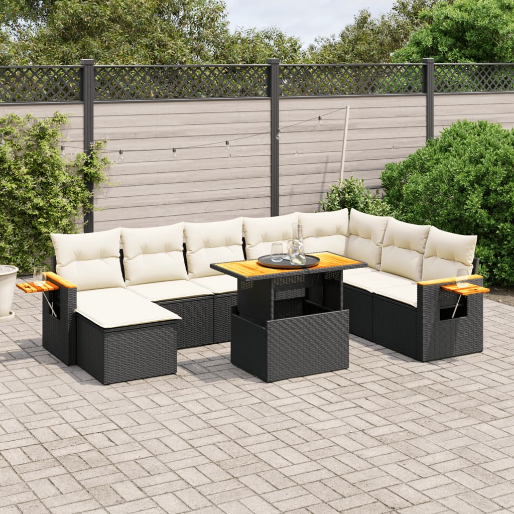 9-piece garden sofa set with cushions, black poly rattan