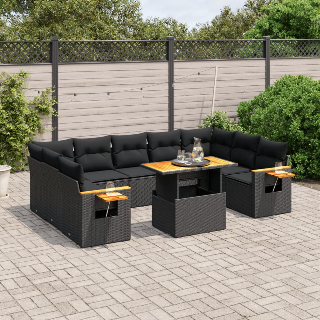10-piece garden sofa set with cushions, black poly rattan