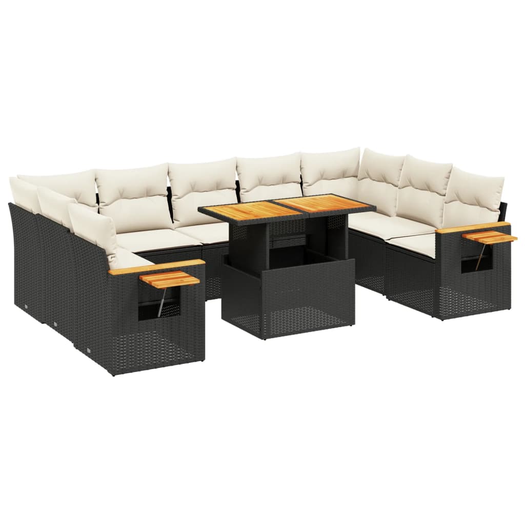 10-piece garden sofa set with cushions, black poly rattan