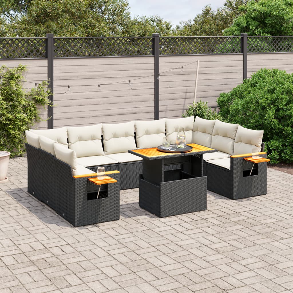10-piece garden sofa set with cushions, black poly rattan