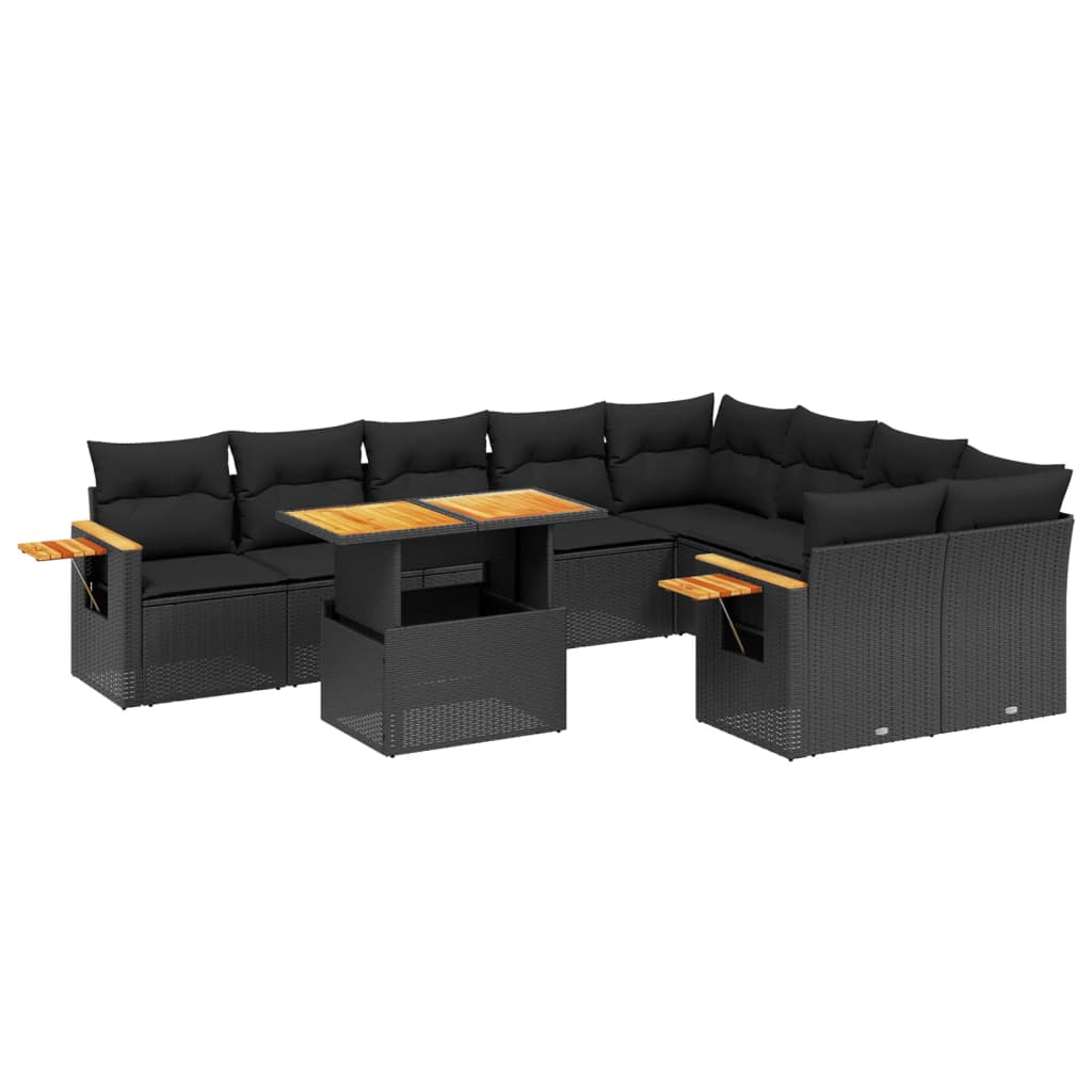 10-piece garden sofa set with cushions, black poly rattan