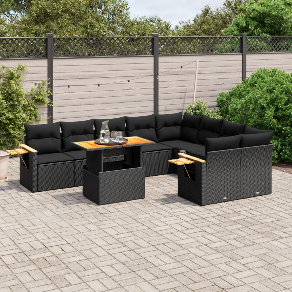 10-piece garden sofa set with cushions, black poly rattan