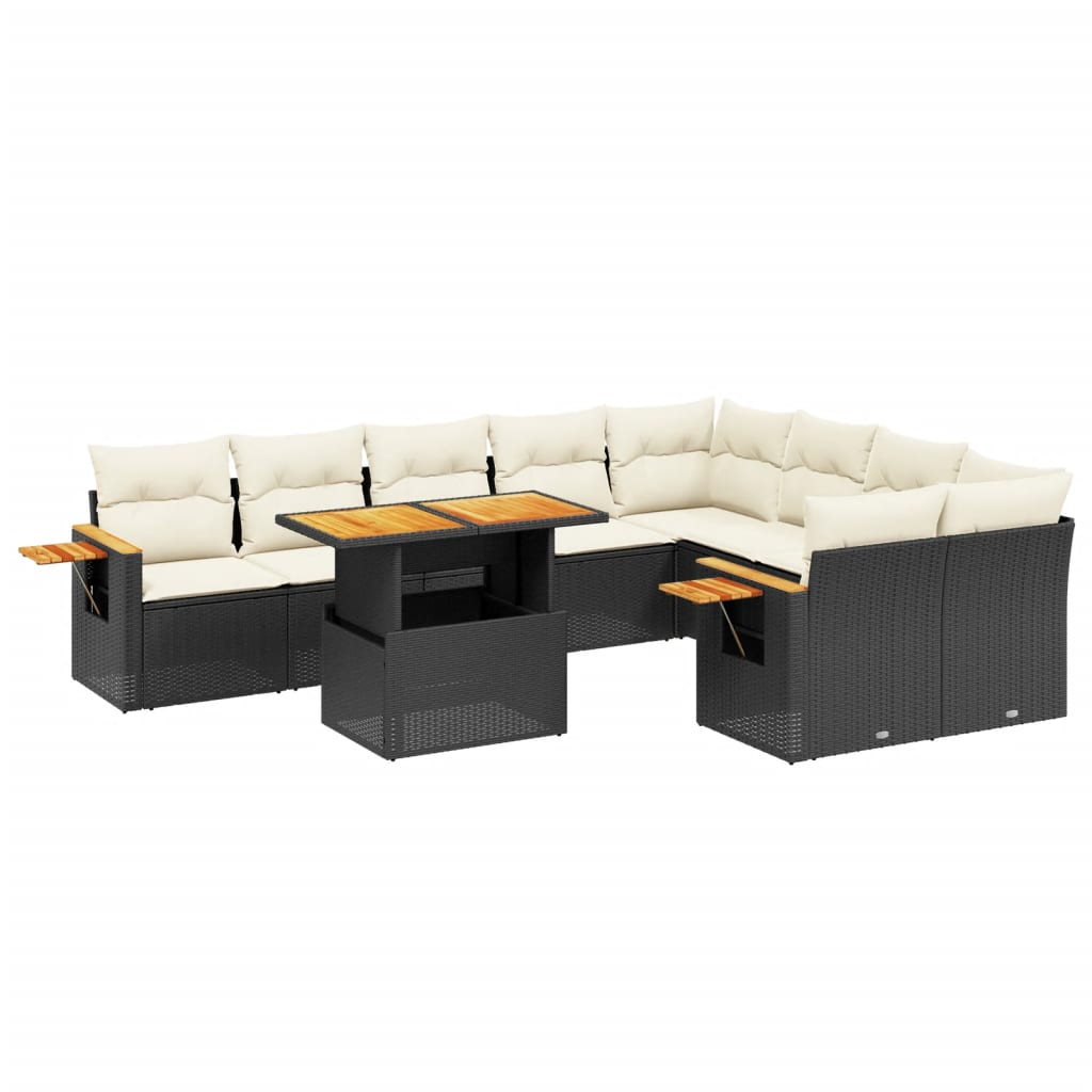 10-piece garden sofa set with cushions, black poly rattan
