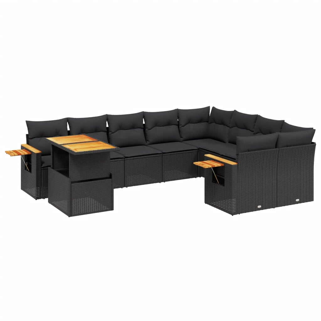 10-piece garden sofa set with cushions, black poly rattan