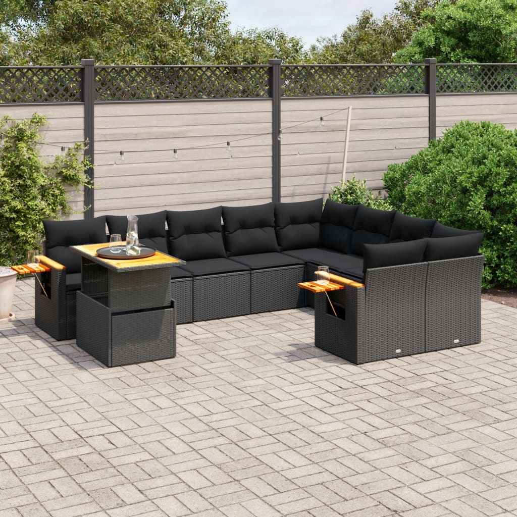 10-piece garden sofa set with cushions, black poly rattan