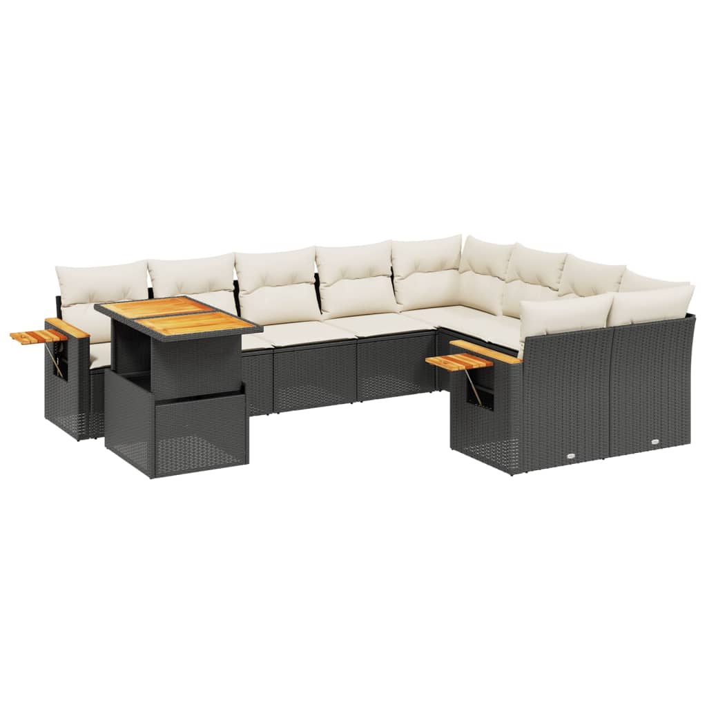 10-piece garden sofa set with cushions, black poly rattan