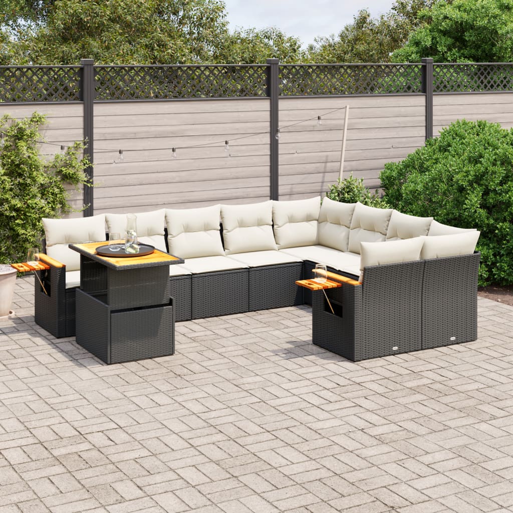 10-piece garden sofa set with cushions, black poly rattan