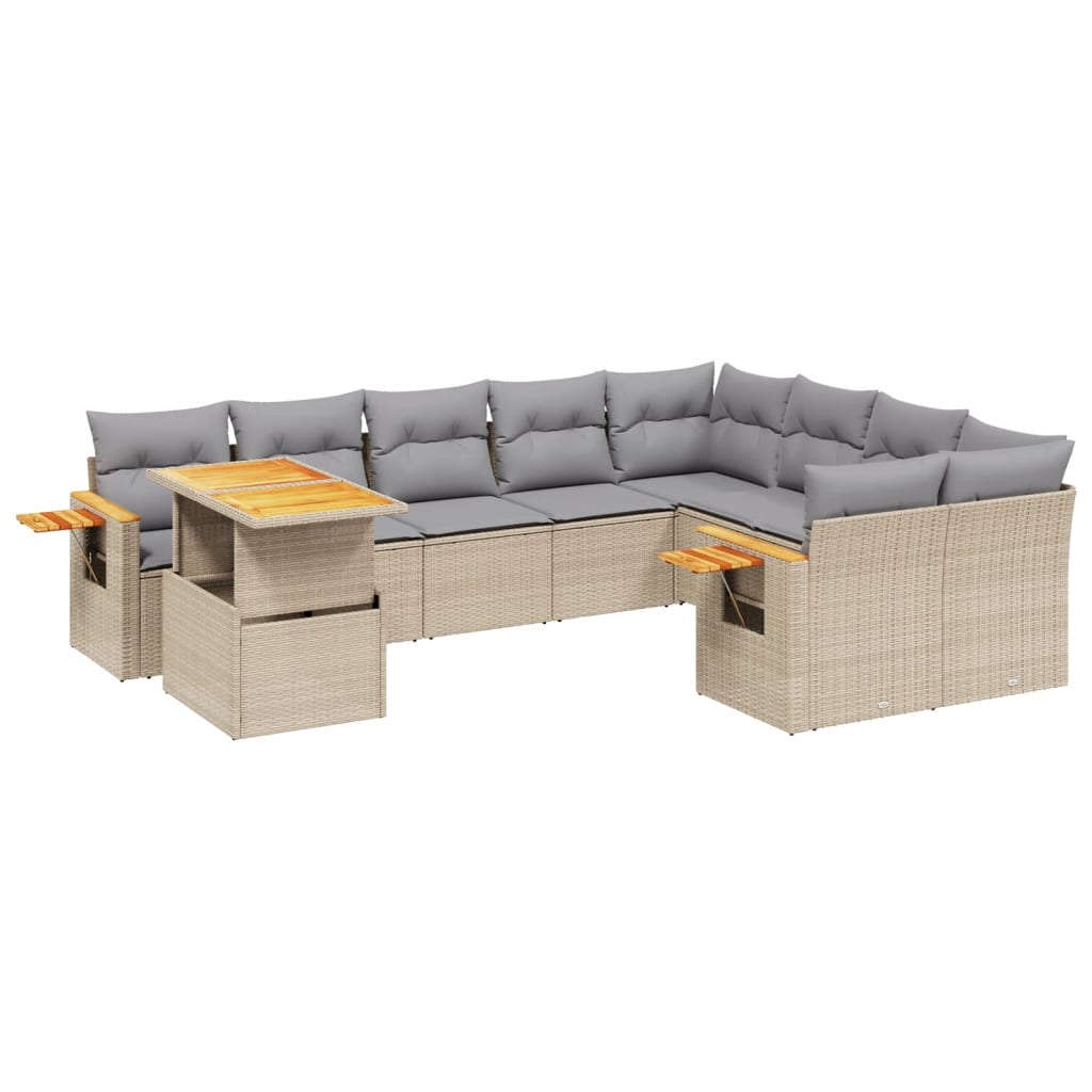 10-piece garden sofa set with cushions, beige poly rattan
