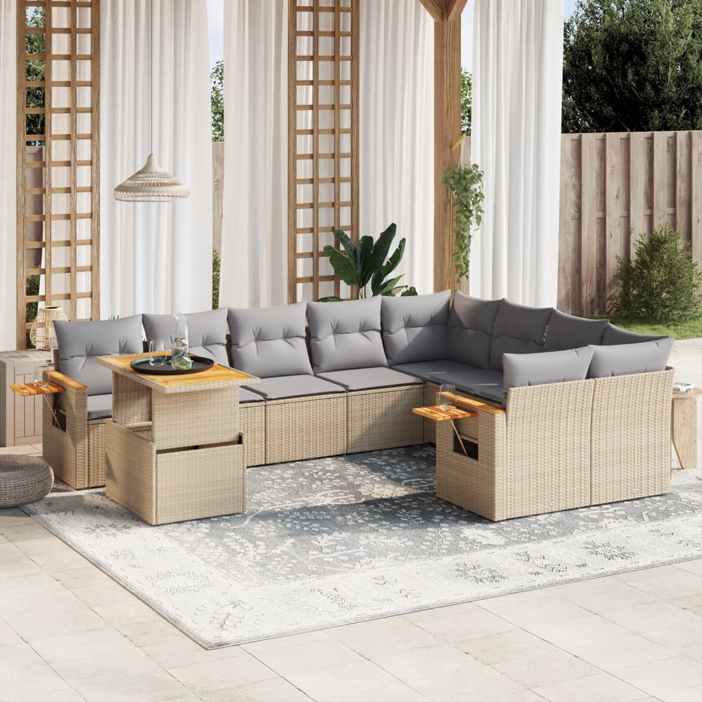 10-piece garden sofa set with cushions, beige poly rattan