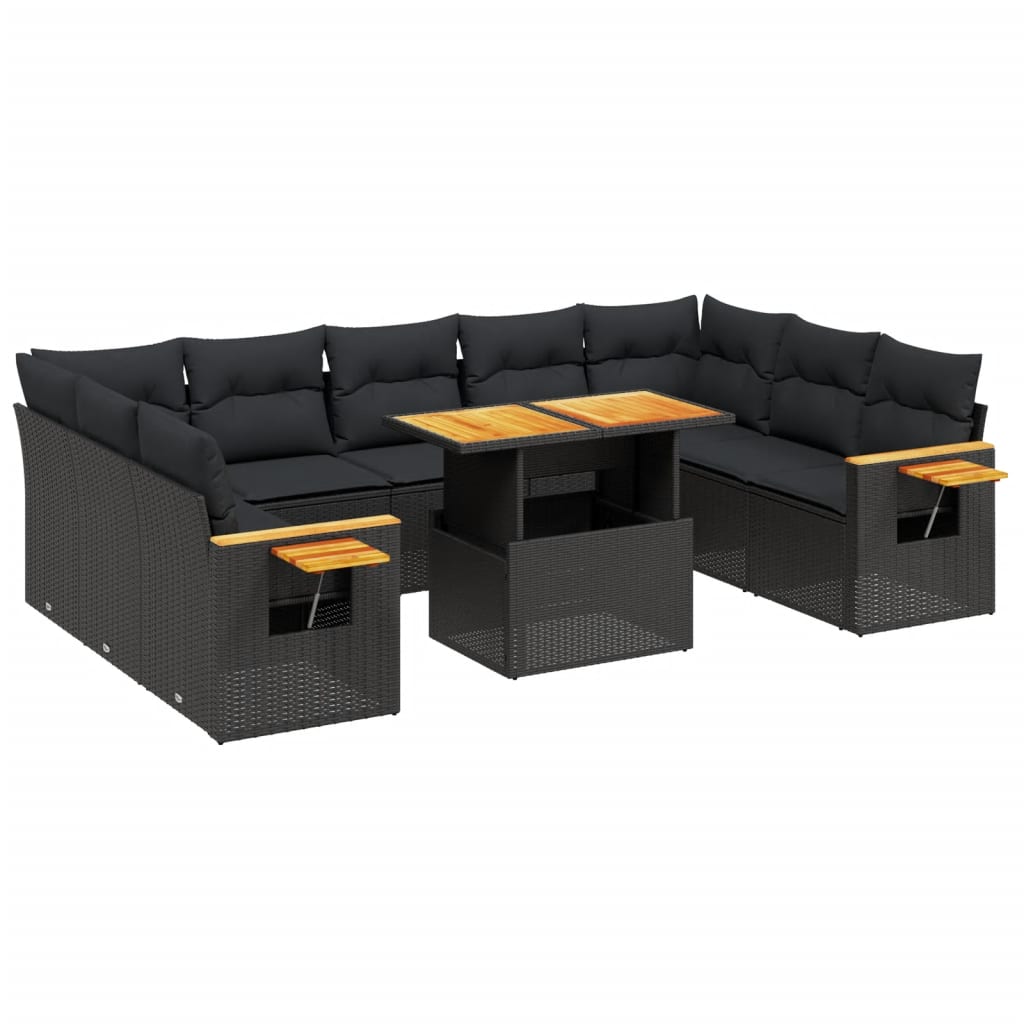 11-piece garden sofa set with cushions, black poly rattan