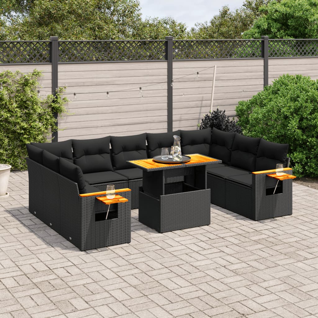 11-piece garden sofa set with cushions, black poly rattan