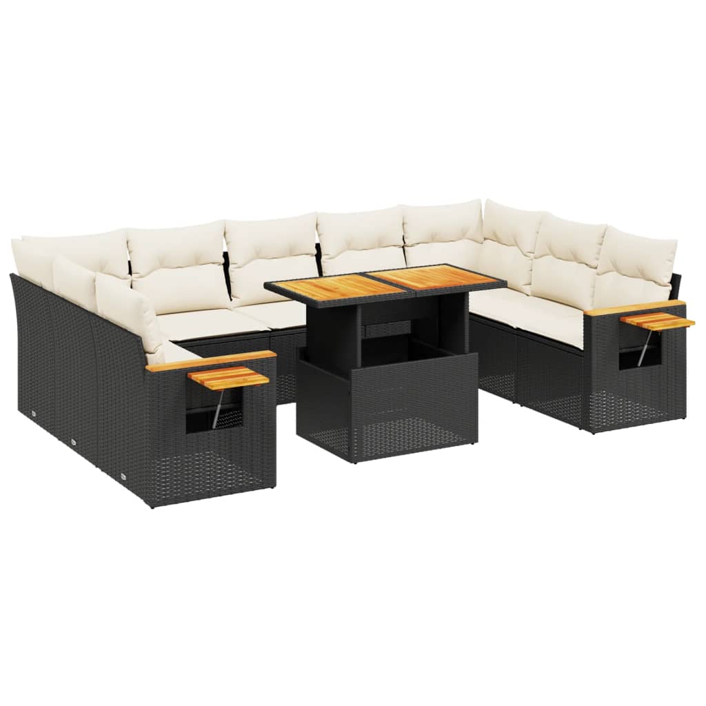 11-piece garden sofa set with cushions, black poly rattan