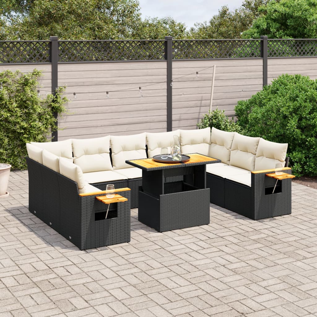 11-piece garden sofa set with cushions, black poly rattan