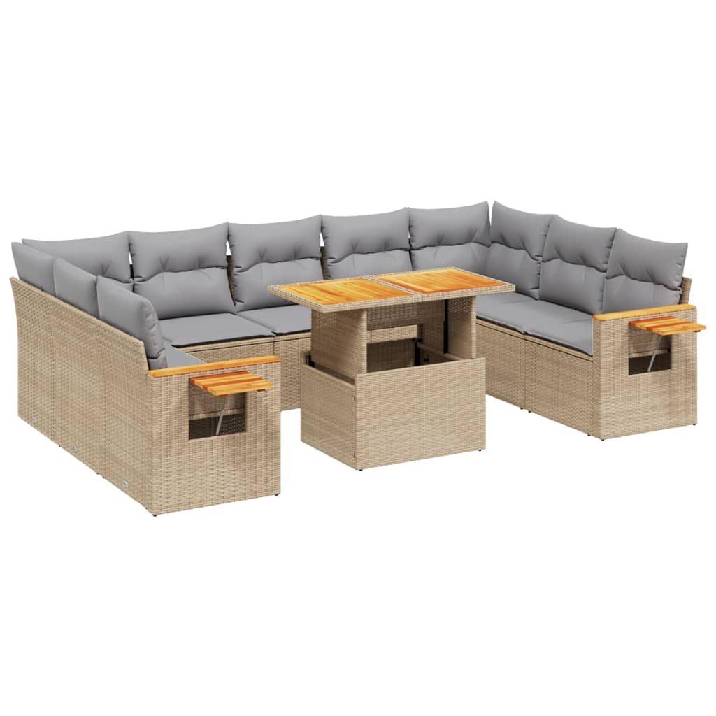 11-piece garden sofa set with cushions, beige poly rattan