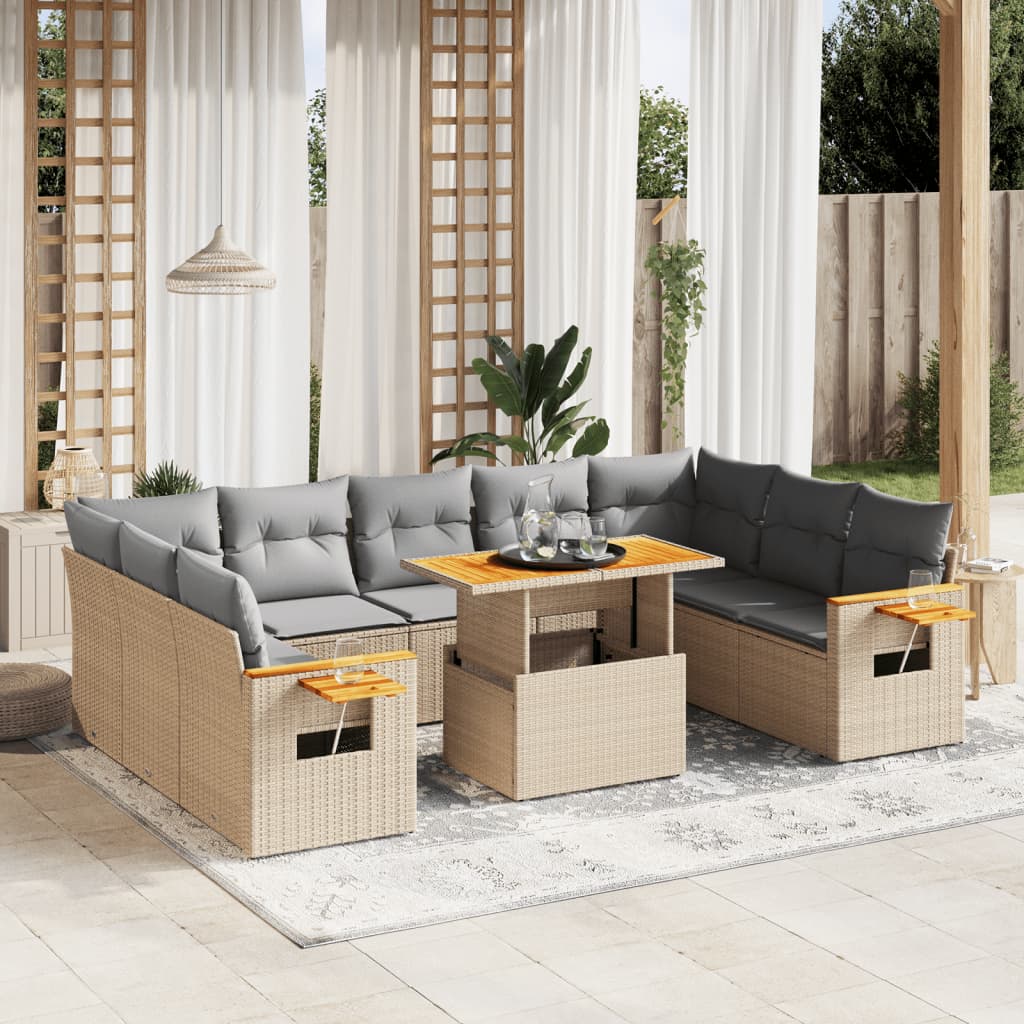 11-piece garden sofa set with cushions, beige poly rattan