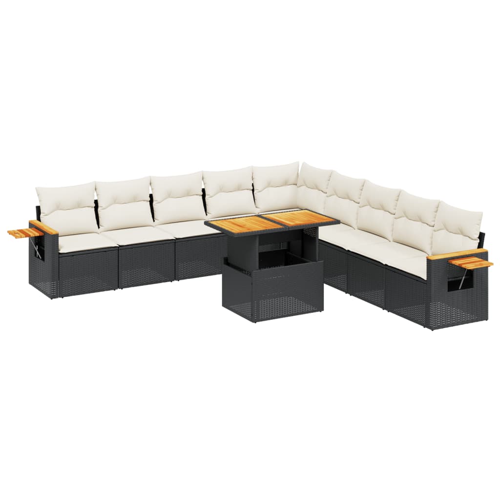 11-piece garden sofa set with cushions, black poly rattan