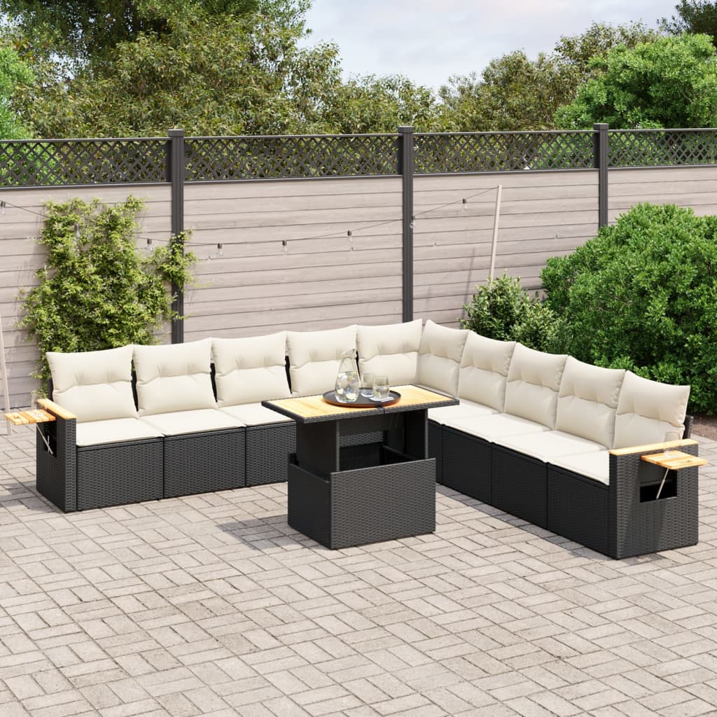 11-piece garden sofa set with cushions, black poly rattan