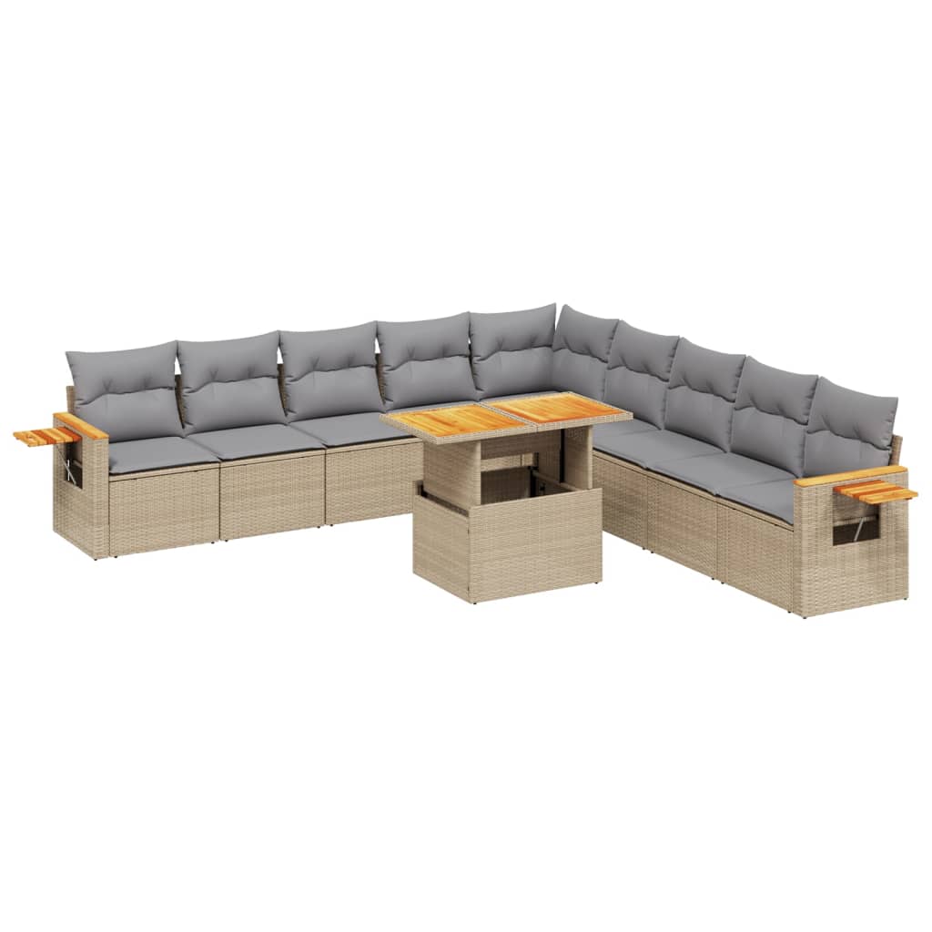 11-piece garden sofa set with cushions, beige poly rattan