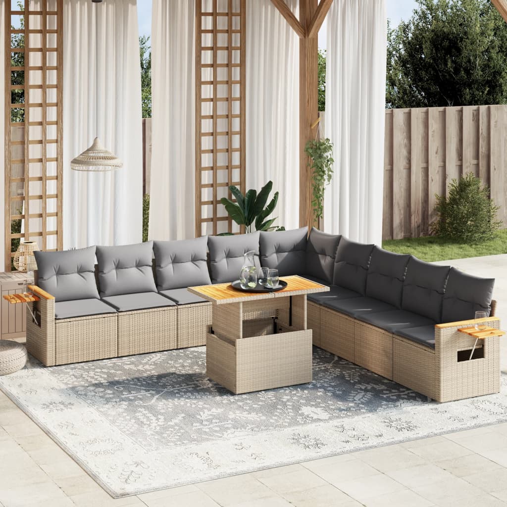 11-piece garden sofa set with cushions, beige poly rattan