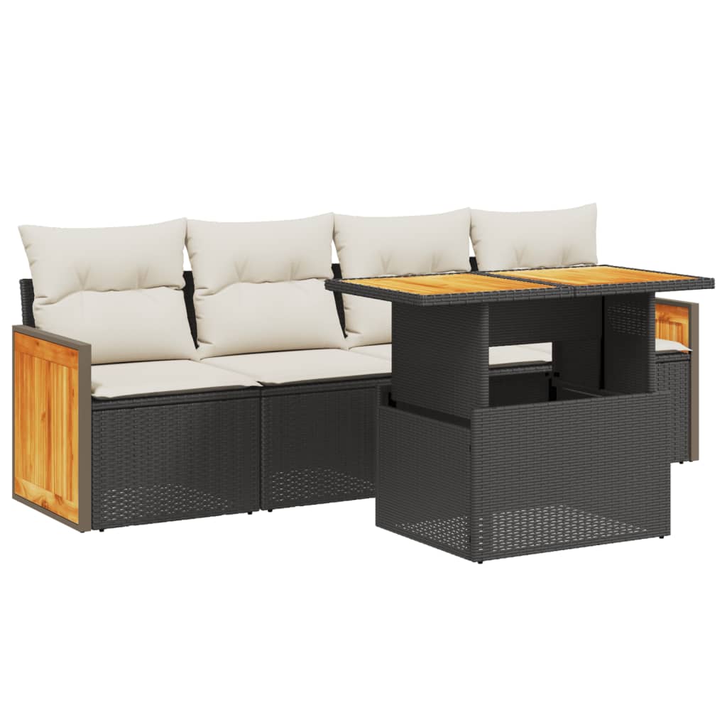 5-piece garden sofa set with cushions, black poly rattan