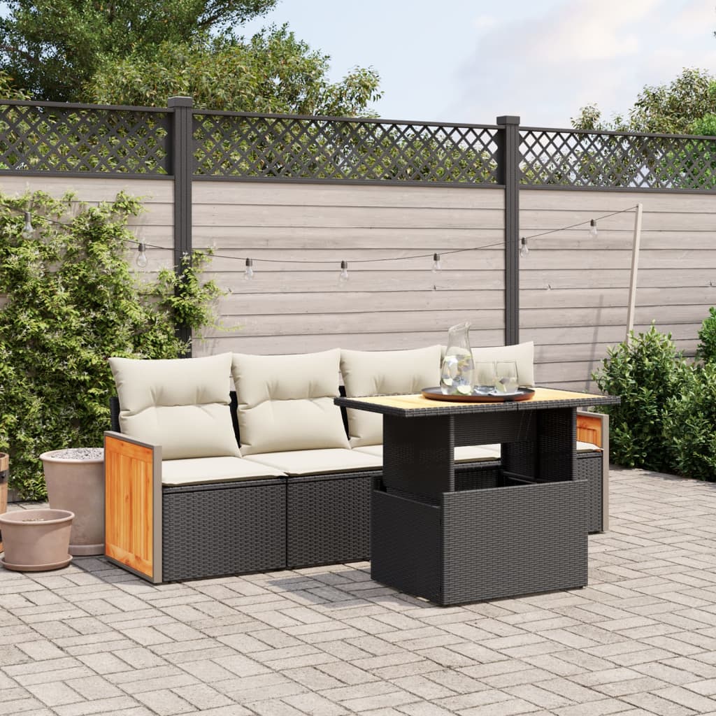 5-piece garden sofa set with cushions, black poly rattan