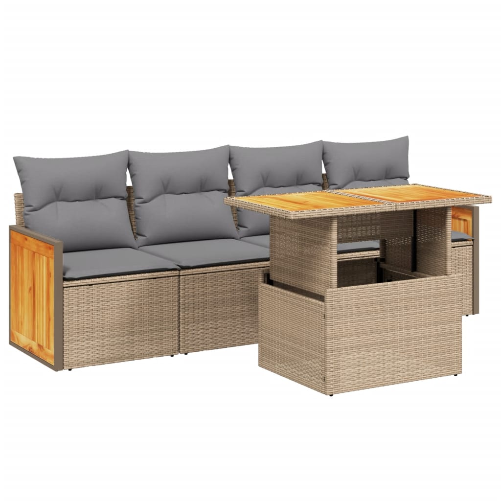 5-piece garden sofa set with cushions, beige poly rattan