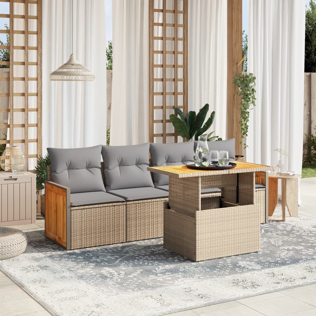 5-piece garden sofa set with cushions, beige poly rattan