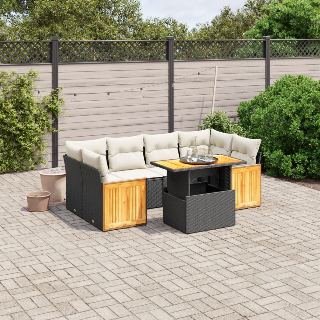 7-piece garden sofa set with cushions, black poly rattan