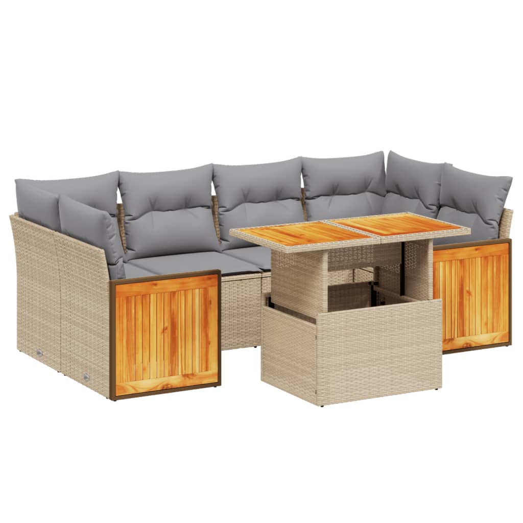 7-piece garden sofa set with cushions, beige poly rattan