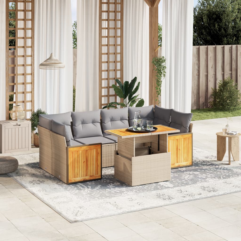 7-piece garden sofa set with cushions, beige poly rattan