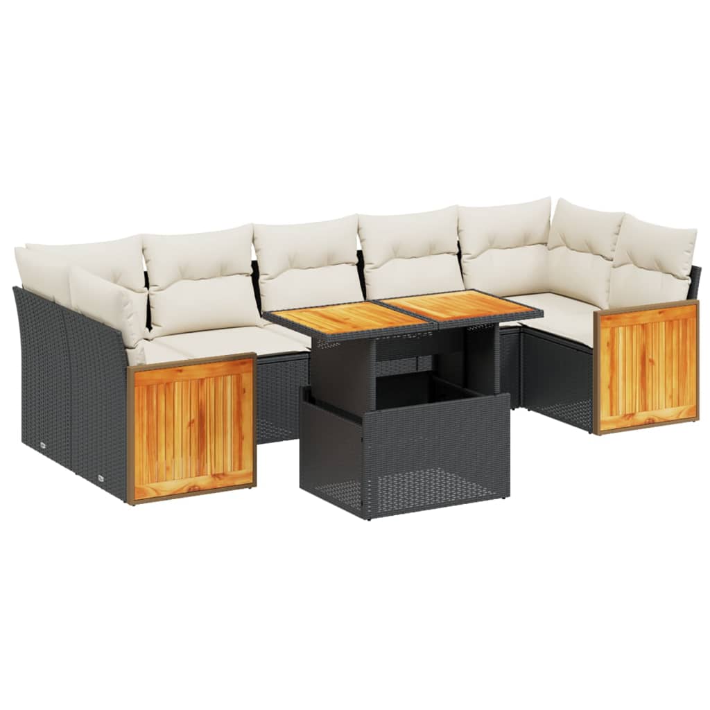 8-piece garden sofa set with cushions, black poly rattan