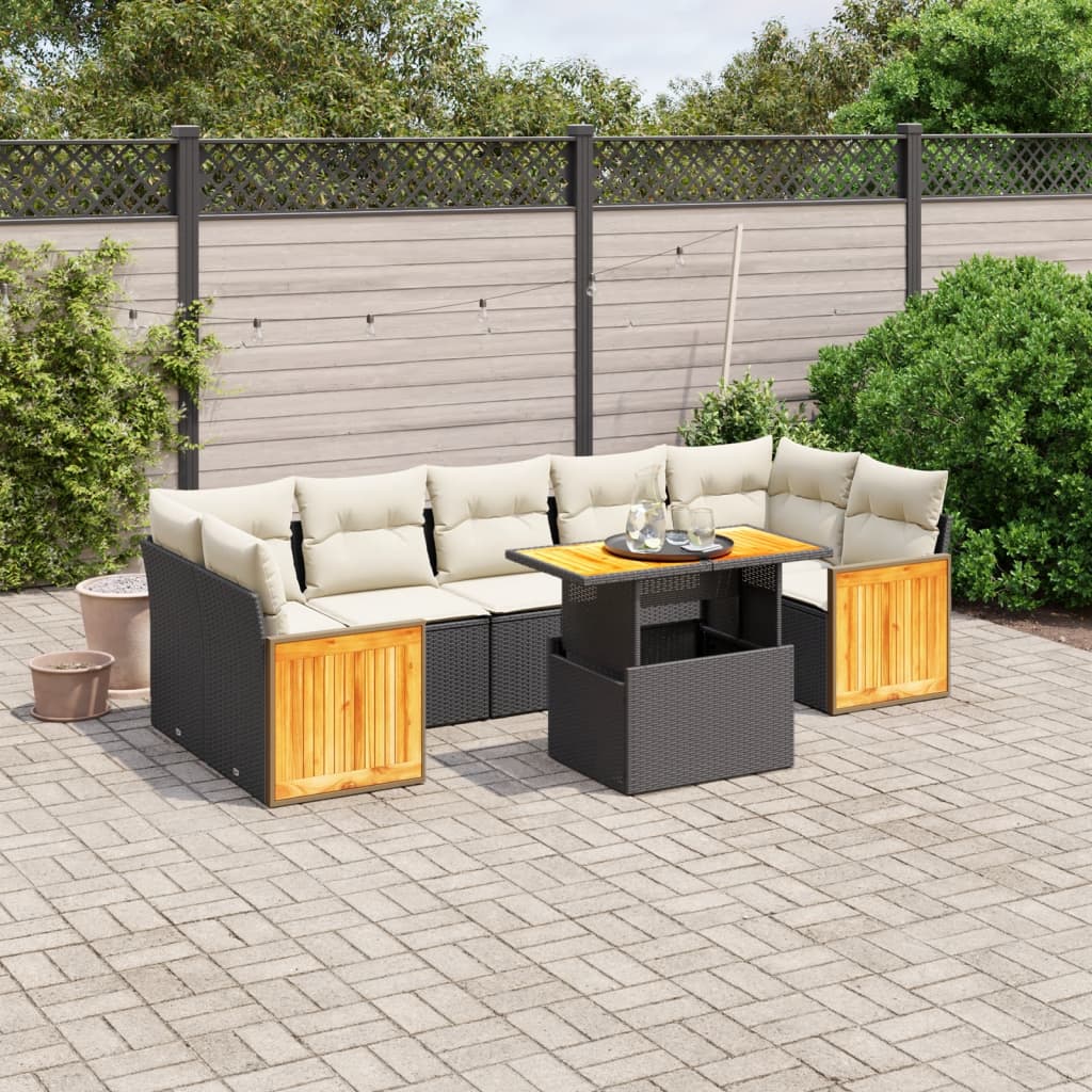 8-piece garden sofa set with cushions, black poly rattan