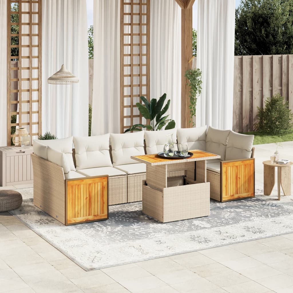 8-piece garden sofa set with cushions, beige poly rattan