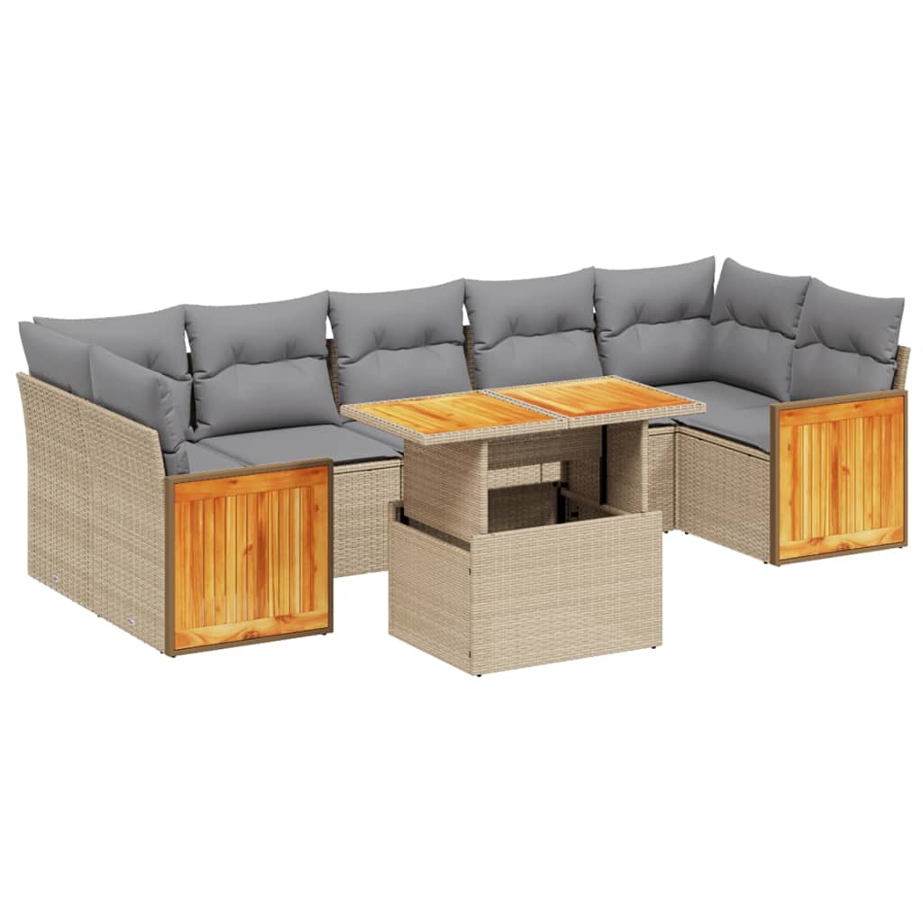 8-piece garden sofa set with cushions, beige poly rattan