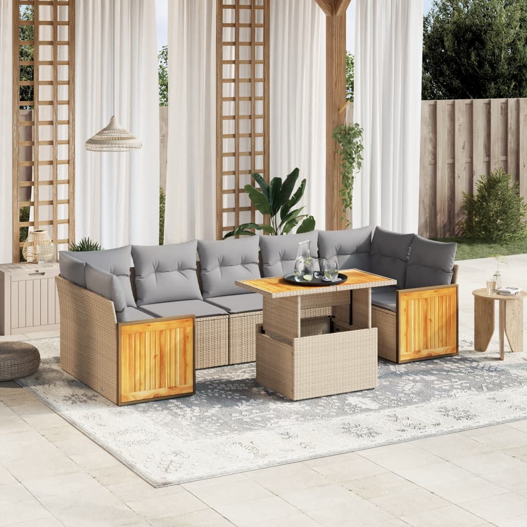 8-piece garden sofa set with cushions, beige poly rattan