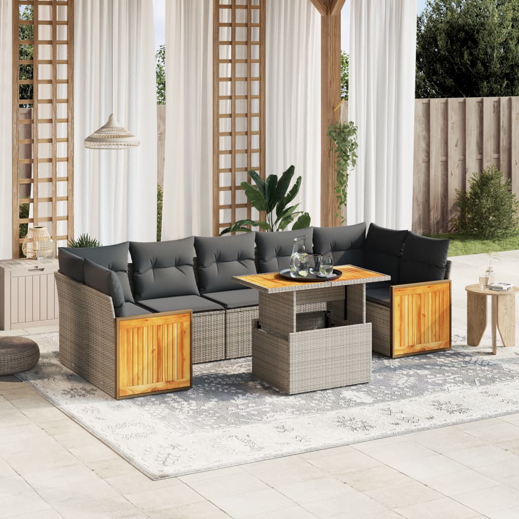 8-tlg. Garten-Sofagarnitur mit Kissen Grau Poly Rattan