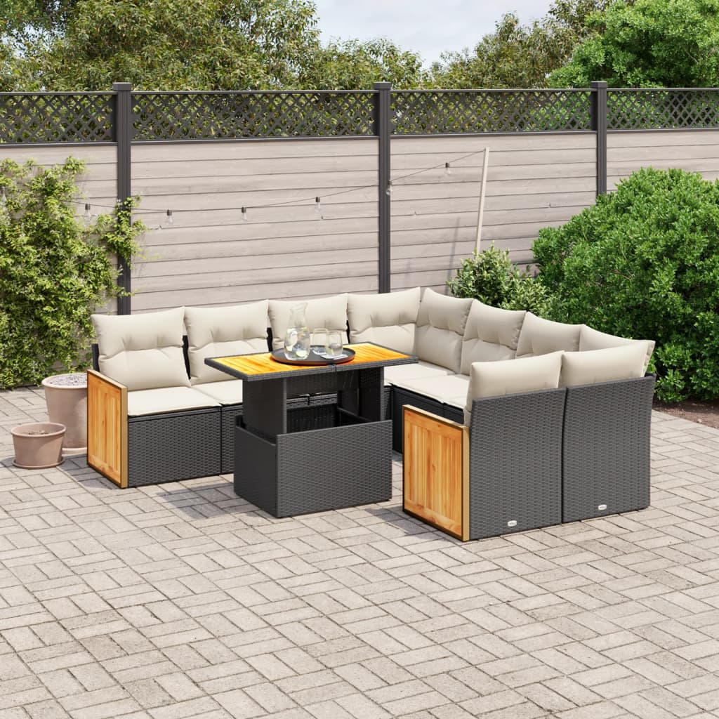 9-piece garden sofa set with cushions, black poly rattan
