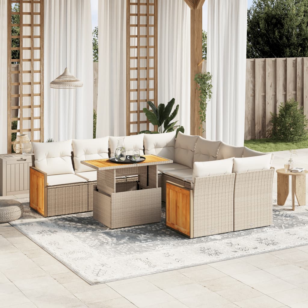 9-piece garden sofa set with cushions, beige poly rattan