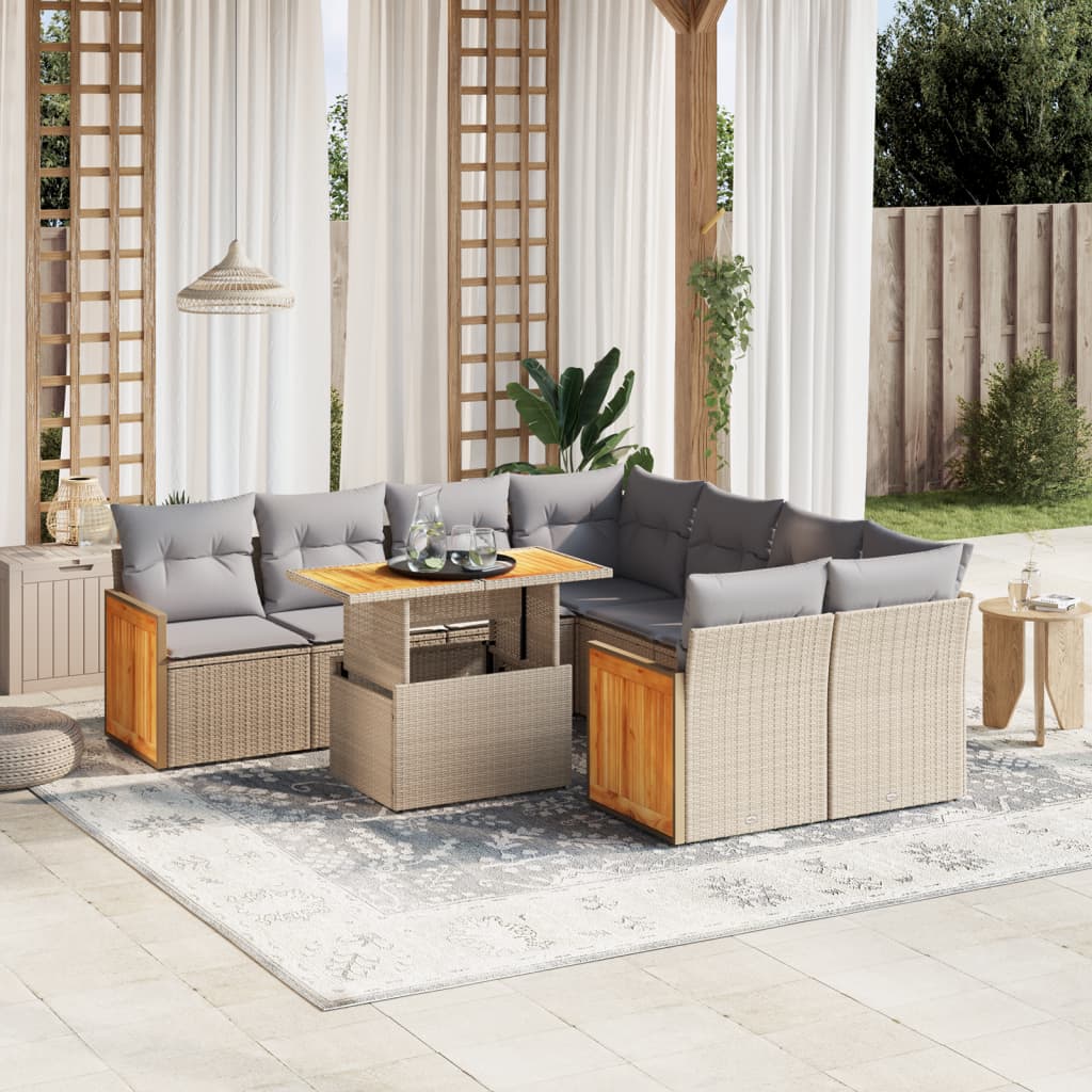 9-piece garden sofa set with cushions, beige poly rattan