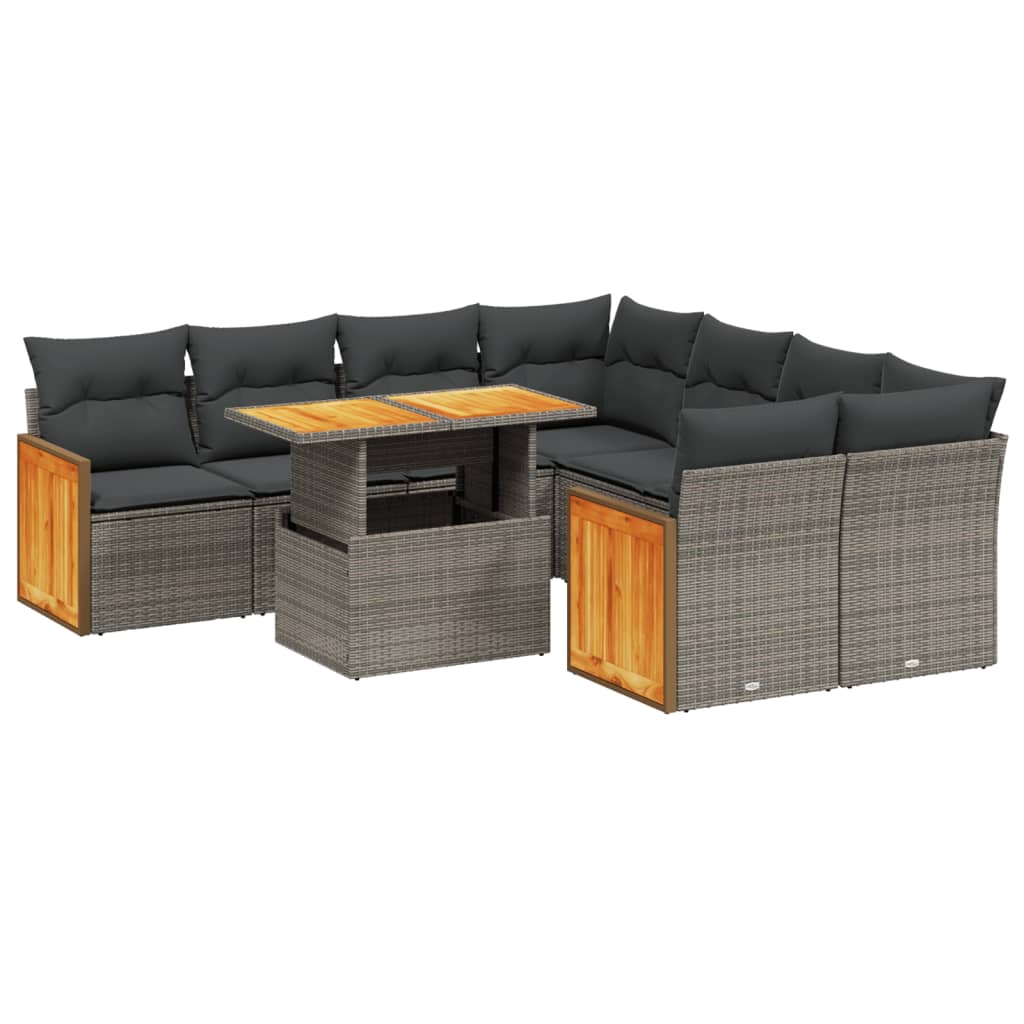 9-piece garden sofa set with cushions, grey poly rattan