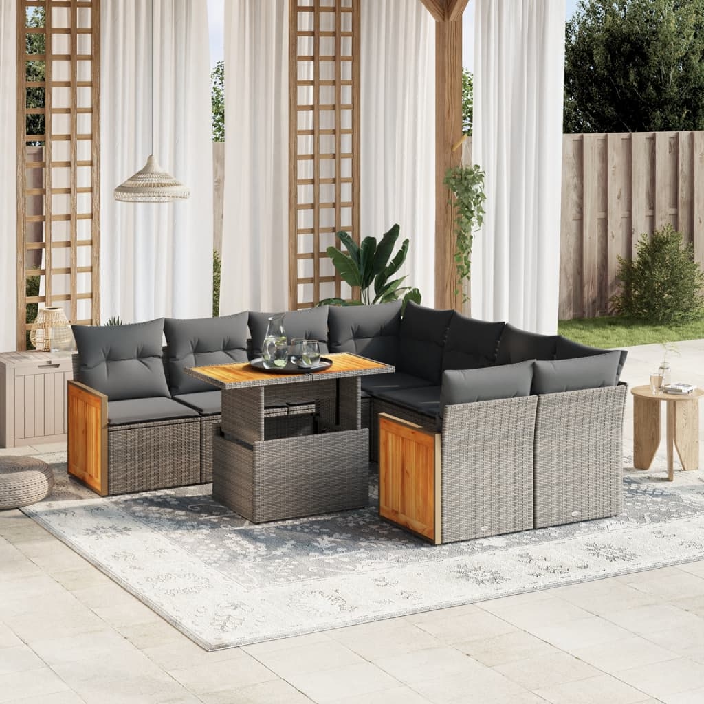 9-piece garden sofa set with cushions, grey poly rattan
