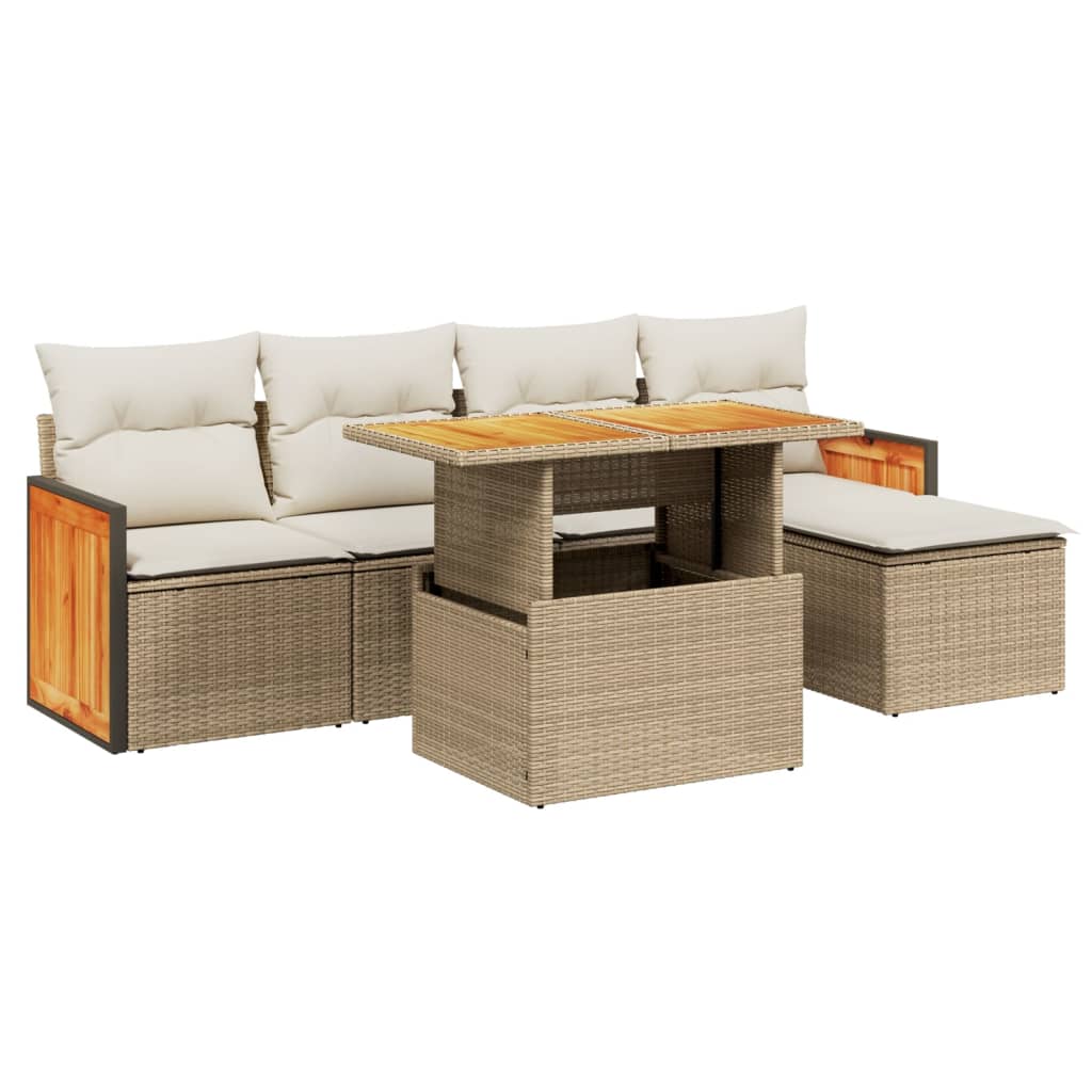 6-piece garden sofa set with cushions, beige poly rattan
