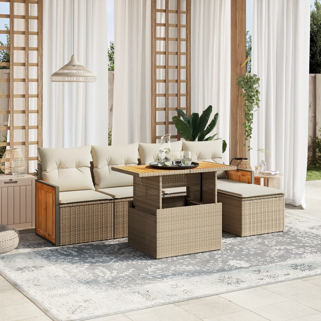 6-piece garden sofa set with cushions, beige poly rattan