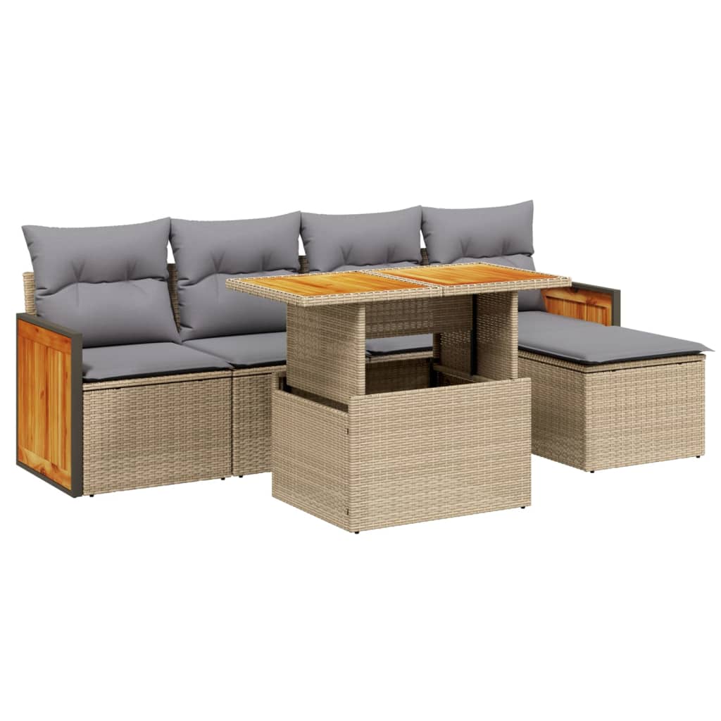 6-piece garden sofa set with cushions, beige poly rattan